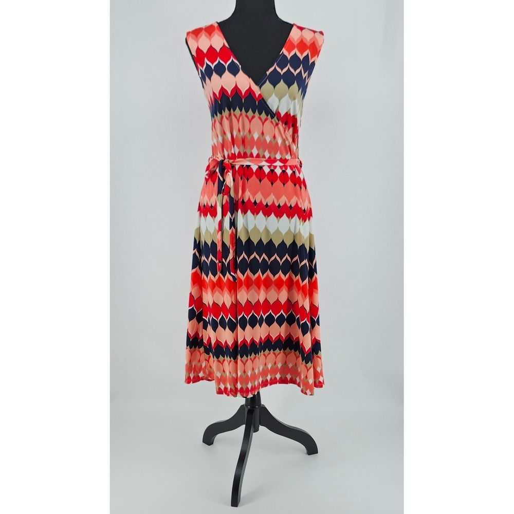 Misia Womens Geometric Petal Print Sleeveless Wrap Dress Coral Navy Red Size M